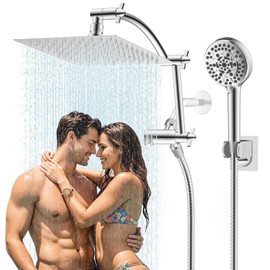 Hibbent All Metal cUPC Certified Shower Head, 8'' High Pressure Rainfall Shower Head, Handheld Showerhead Combo with 16'' Adjustable Extension Arm, 10 Sprays, 71'' Hose, Showerhead Holder, Chrome