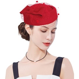 ELLYDOOR Wool Fascinator Hat Winter Wool Felt Pillbox Hat for Women Wedding Church Hat Veil Bowknot Fedoras Red