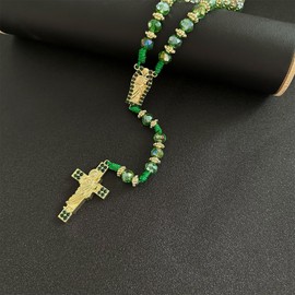 Exquisite Rosary Saint Jude Cross Pendant Mexican Necklace - Braided Cord Green Crystal beads Chain, Charm Accessories for Men and Women, Catholic St Jude Elegant Religious Jewelry Gift Idea (Green)