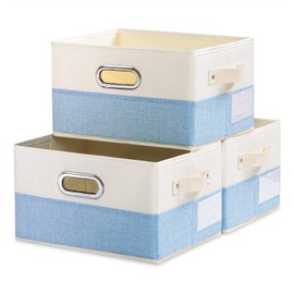 PRANDOM Fodable Storage Bins for Closet [3-Pack] Decorative Fabric Storage Baskets Cubes with Leather/Metal Handles for Shelves Bedroom Living Room Blue&Cream (11.5x8.5x6.7 Inch)