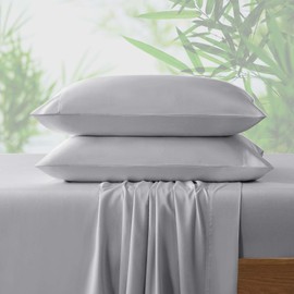 NATUREFIELD 4Pcs Cooling Sheets Set King Size Rayon Derived from Bamboo Bed Sheets Soft Breathable 1 Flat Sheet, 1 Fitted Sheet, 2 Pillowcases LightGray
