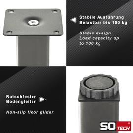 SOTECH Zulu Furniture Feet, 38 x 38 x 100 mm, Stainless Steel Look, Maximum Load 100 kg per Foot, Set of 4