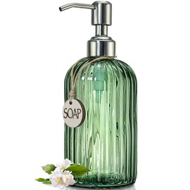 JASAI 18Oz Green Soap Dispenser with Rust Proof Pump, Refillable Bathroom Soap Dispenser with Thick Glass, Kitchen soap Dispenser for Dish soap, Hand Soap, Lotion, Body Wash.