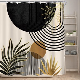 KOMLLEX Mid Century Black Gold Boho Shower Curtain 72Wx72L Inches Abstract Modern Green Shower Curtains for Bathroom Plant Botanical Minimalist Arch Sun Fabric Liner Waterproof Polyester 12 Pack Hooks