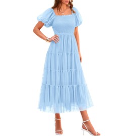 PRETTYGARDEN Women's Smocked Midi Tulle Dress 2025 Summer Puffy Short Sleeve Square Neck Ruffle Wedding Guest Party Dresses (Light Blue,Small)