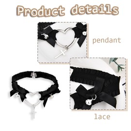 YangQian Black Choker Necklace for Women Bow Heart Bell Necklace for Women Lace Choker Collar with Heart Cross Charm Goth Necklaces for Party Prom Cosplay Costume Accessories