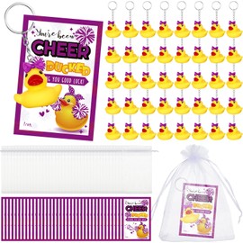 Seenelling Cheer Gifts Bulk Duck Keychain You've Been Cheer Ducked Tags Bows Organza Bags for Cheerleader Team Gift(Purple,40 Set)