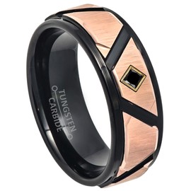 Black & Rose Gold IP Tungsten Carbide Wedding Band with 0.07ctw Round Cut Black Diamond Tungsten Ring - Comfort Fit Tungsten Anniversary Ring - YG Bezel