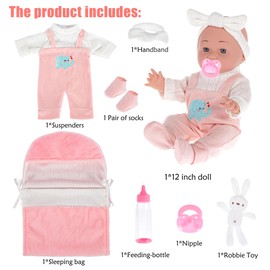 ebuddy 12 inch Baby Doll - Adorable Doll and Accessories Including Romper, Sleeping Bag, Feeding Accessories, Rabbit Plush Toy