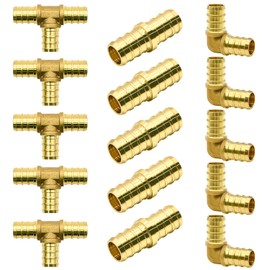 15pcs PEX Fittings, 1/2" PEX Fittings, Elbow TEE Straight Couplings Set, PEX Brass Crimp Fitting Combo with Tees, Elbows, Straights (1/2", 15pcs)