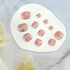 24Pcs Square Press on Toe Nails French Tip Fake Toenails with Pink Gradient Flower Designs Cute False Toe Nails Full Cover Glue on Toenails Summer Glossy Acrylic Toe Nails for Women