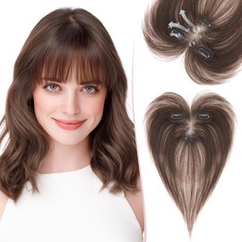 SEGO Hair Toppers for Women Real Human Hair with Wispy Bangs, 9 * 12.5 cm Hand-tied Base Invisible Edges Breathable Fluffy Clip in Top Hairpieces Add Volume -02 Mocha Brown
