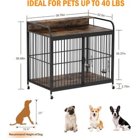 Dog Crate Furniture, Dog Crate Indoor with Adjustable Height Rotating Feeder, Wooden Decorative, 39.8 Inch Dog Crates, 360° Wheels for Easy Mobility, Rustic Brown (39.8" L x 22.5" W x 38.6" H)
