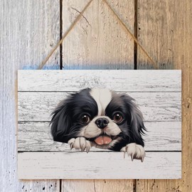 DecStic Japanese Chin Dog Lying on The Floor Peeking Wood Sign Classic Wall Plaque Dogs Lovers Wall Decor Farmhouse Rustic Wooden for Bedroom Living Room Wall Kitchen Home Housewarming Gift 8x12 in