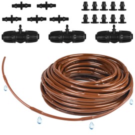 50Ft 1/4 Inch Hydroponics Dripline Hose, Drip Irrigation Tube with 10" Emitter Spacing, Irrigation Dripline Tubing Kit with 3pc 3-Way Connectors,5pc 1/4" Couplings,10pc End Plugs for Garden Irrigation