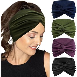 IVARYSS Extra Wide Headbands for Women Non-Slip, 7'' Large Twist Knotted Stretchy Wraps Head Bands Hair Accessories, 4 Pack, Solid Color