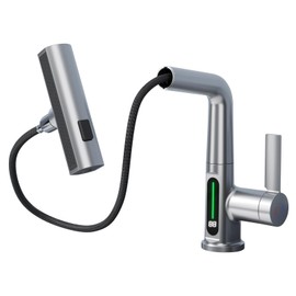 BARROCK Waterfall Bathroom Faucets with Sprayer, Modern Pull Down/Out Bathroom Sink Faucet with Fahrenheit Digital Temperature Display, Height Adjustable Basin Tap No Battery Needed, Brushed Nickel