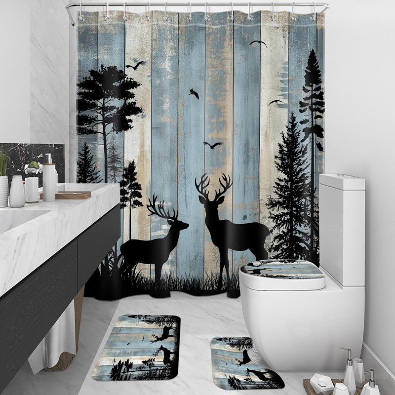MYUSRE Rustic Cabin Deer Shower Curtain Set with Bathroom Rugs,