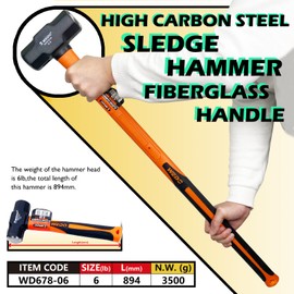 WEDO Sledge Hammer 6 lb(96oz) with Fiberglass Handles, Club Hammer, Drilling Hammer, Crack Hammer, High Carbon Steel Hammer, Shock Resistant, Non-Slip Handle, Die-forged, Strong Torque, Durable
