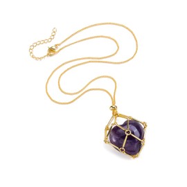 CrystalTears Amethyst Crystal Heart Necklace Natural Healing Crystal Gemstone Holder Necklace Gold Adjustable Cage Necklace Quartz Healing Stone Necklace Jewellry Gifts for Women Men