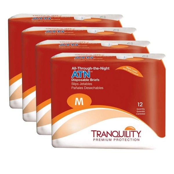 Tranquility ATN Adult Disposable Briefs with All-Through-The-Night Protection, M (32"-44") - 48 ct (Pack of 4)