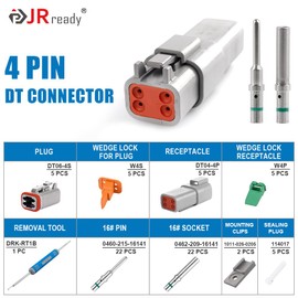 JRready ST6328-4 Pin Way Deutsch DT Series Connector 5 Kit,14-20 AWG Waterproof Electrical Wire Connector, Removal Tool DRK-RT1B, DT04-4P DT04-4S DT Connector Kit (4 Pin Way)