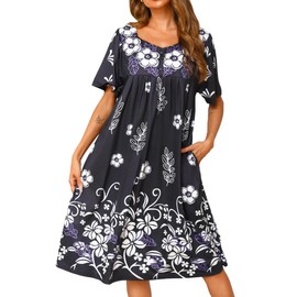 Short Sleeve Nightgown for Women Floral Moomoo House Dress with Pockets Duster Housecoat Soft Mumu Dresses Black L