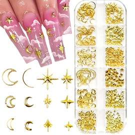 Star Nail Charms 3D Gold Nail Charms Metallic Studs Rhinestones Moon Nail Art Charm Star Nail Jewelry Decorations Manicure Supplies Accessories for DIY Craft