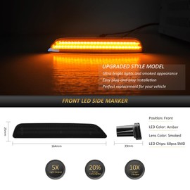 Bestview LED Side Marker Lights Compatible with Ford Mustang 2010-2014, Smoked Lens Front & Rear Fender Side Markers Amber & Red, Driver & Passenger Side Bumper Lights, Pack of 4