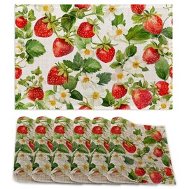 6 Pcs Placemats,Red Strawberry Placemats,Leaves Flower Table Mats Washable Recyclable Table Placemat for Indoor Outdoor Heat Resistant Kitchen Dining 12"x18"