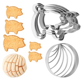 6pcs Cookie Cutters, 5 Sizes Pig Cookie Cutter with Concha Cutter Stainless Steel Concha Cutter Pig Animal Shape Cookie Stamps Cutter Mexican Bread Mold for Baking