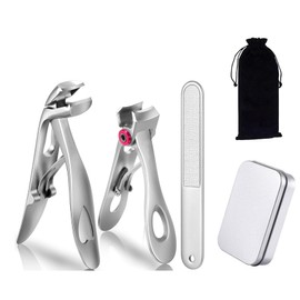 Professional Angled Head Nail Clippers Set, 3-Pcs Ergonomic Toenail Clipper for Thick Nails, Premium Steel Nail Clipper with Nail File for Seniors (Silver, 3 Pcs Set)