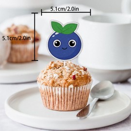 18pcs Blue Glitter Cute Blueberry Dessert Cupcake Topper Pick for Funny Fruit Theme Decor Supplies Baby Shower Men Women Boys Girls Happy Birthday Party Decorations