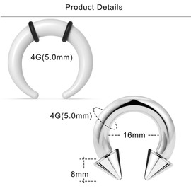 Lcolyoli Large Septum Rings 4G PA Ring Internally Threaded Spike Horseshoe Barbell Stainless Steel & Acrylic Plastic Pincher Tapers C Shape Buffalo Stretcher Expander for Women Men