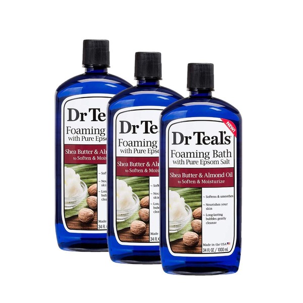 Dr Teal's Epsom Salt Moisturizing Shea Butter and Almond Oil Foaming Bath - Protect and Nourish Skin - Pack of 3, 34 Oz Each - Relieve Stress and Sore Muscles, Long Lasting Bubbles
