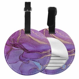 TKS MITLAN 1 Pcs Luggage Tag Purple Marble Print Privacy Cover ID Label Address Card for Travel Bag Suitcase Abstract Alcohol Ink Art Leather Luggage Tag for Women Men Girls Travel(Round)