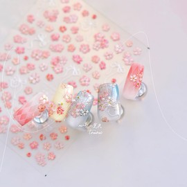 5D Embossed Pink Small Flowers Nail Stickers for Nail Art Self-Adhesive White Bow Nail Decals Spring Flowers Nail Design Stickers with Gold Stamen Nails Supplies Cute Nail Art Decals for Women DIY