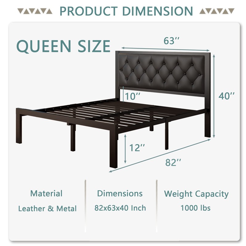 Feonase Queen Size Metal Bed Frame with Faux Leather Button