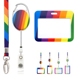 Rainbow Retractable Lanyard with Slider Badge Holder and Extendable Clip Pack by LanyardsTomorrow - Set Includes 1x Matching Lanyard, 1x Yoyo Reel Clip, 1x Colourful ID Card Holder 1pc (Horizontal)