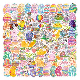 QXCFTW 100Pcs Easter Bunny Stickers, Easter Egg Cutouts Bulletin Board Decoration Set, DIY Easter Themed Pattern, Colorful Egg Bunny Chick Decals Stickers, for Easter Decorations Home Party Ornaments