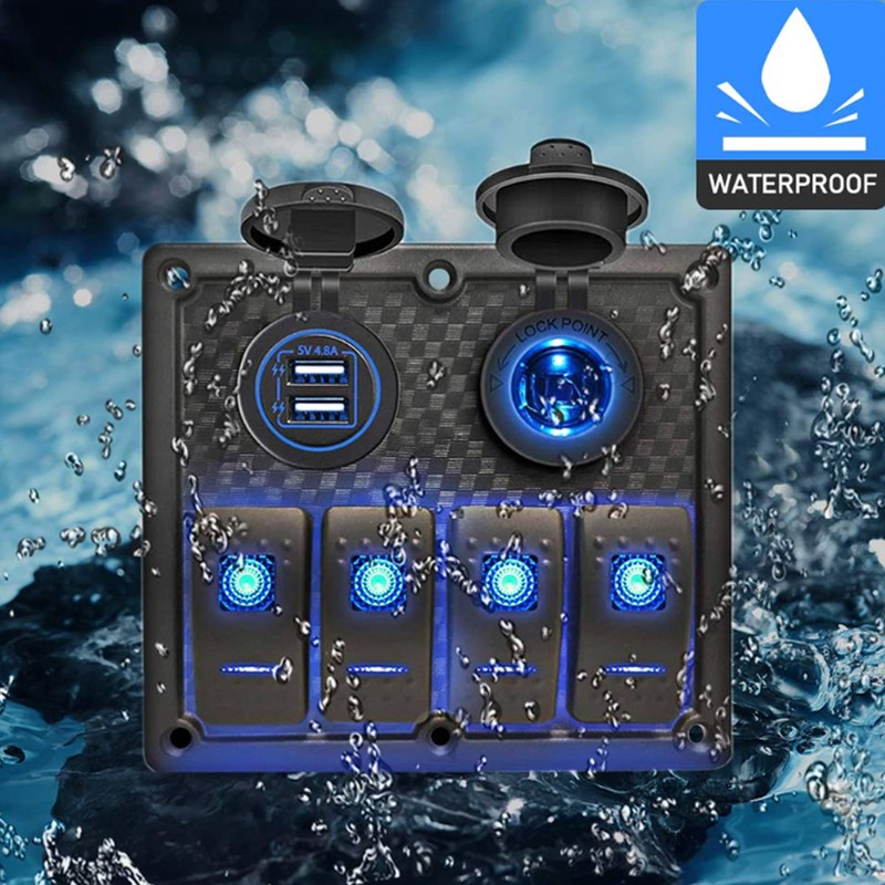 4 Gang Rocker Switch Panel LED Waterproof Dual USB Charging