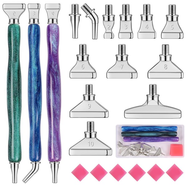 papasgix 5D Diamond Painting Accessory Pen Set, DIY Diamond Painting Pen Tools, Painting Tools Drill Pen with Metal Replacement Pen Heads for Mosaic Making (22 Pieces, Green, Purple, Blue, Silver)