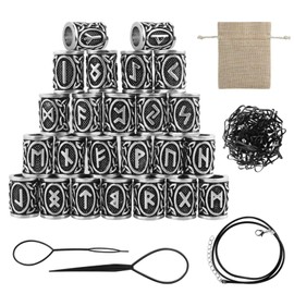 24PCS Rune Beards Norse Viking Rune Beads for Bracelet Pendant Necklace Beard Dreadlocks Hair Jewelry DIY Silver