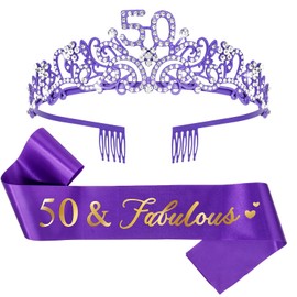 CIEHER Purple 50th Birthday Decorations - 50 & Fabulous Birthday Sash, Tiara, Gifts for Women