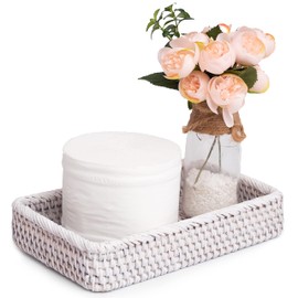 Farmhouse Toilet Paper Holder 10 x 6 x 2 in White Serving Tray Decorative Toilet Paper Basket Storage Bathroom Sink Vanity Trays Shallow Storage Bins Vanity Tray Rattan Guest Towel Napkin (White Wash)