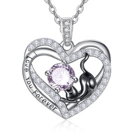 Cat Necklace for Women Sterling Silver Black Cat Heart Necklace June Birthstone Alexandrite Jewelry I Love You Always and Forever Pendant Anniversary Wedding Birthday Gifts for Her Mom Grandma