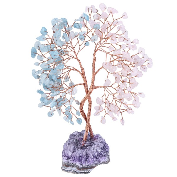 Nupuyai Aquamarine & Rose Quartz Crystal Tree with Amethyst Cluster Base, Twin Money Tree Figures, Fengshui Ornament for Home, Office, Wedding Decoration
