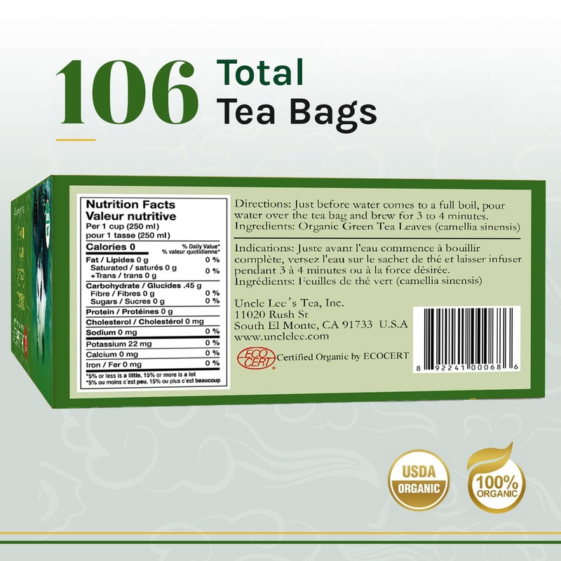 Uncle Lee's Organic Green Tea Bags, 106-Count Super Pack –