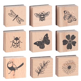 9Pcs Wooden Rubber Stamp Set, Vintage Rubber Stamps for Crafting, Butterfly, Bird, Ladybird & Plant Journal Stamps for Arts & Crafts, Stationary, Scrapbooking, School Projects, Journals