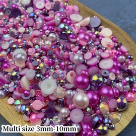 Mix Flatback Pearls and Rhinestone,60g Resin Rhinestones Half Round Pearls for Crafts 3mm-10mm AB Color Half Pearl Flatback Rhinestone for Nail Face Art,Bottles (Rose Red Series)